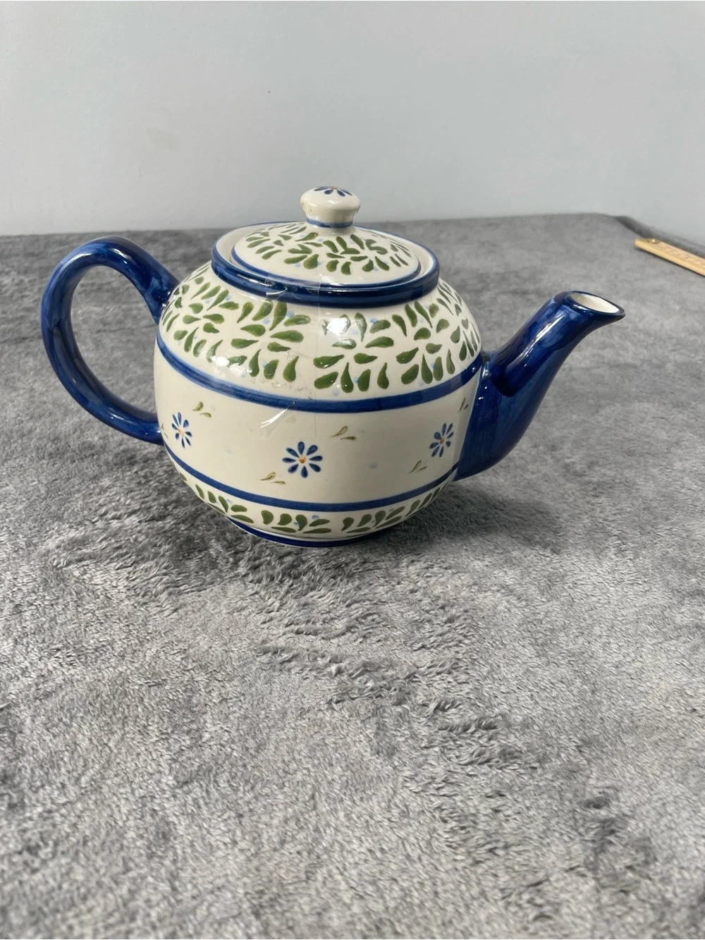 Nantucket Hand-Painted Ceramic Teapot in Blue, Cream and Green accents